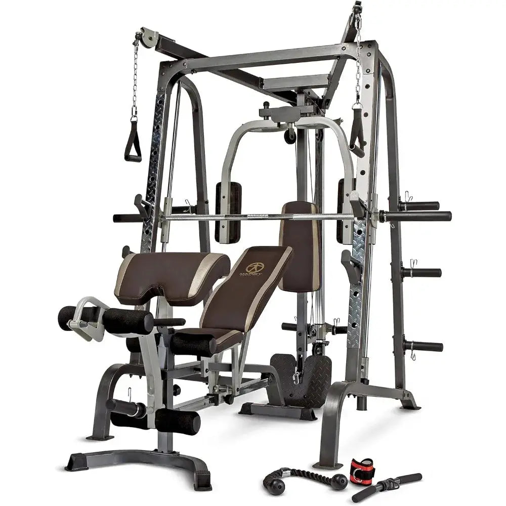smith cage home gym with integrated leg press machine

