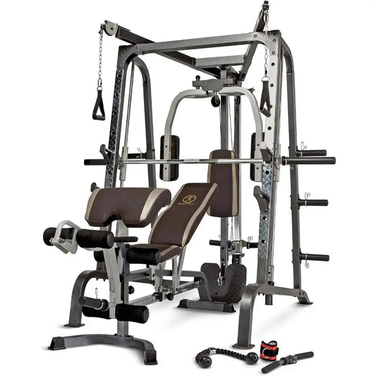 smith cage home gym with integrated leg press machine
