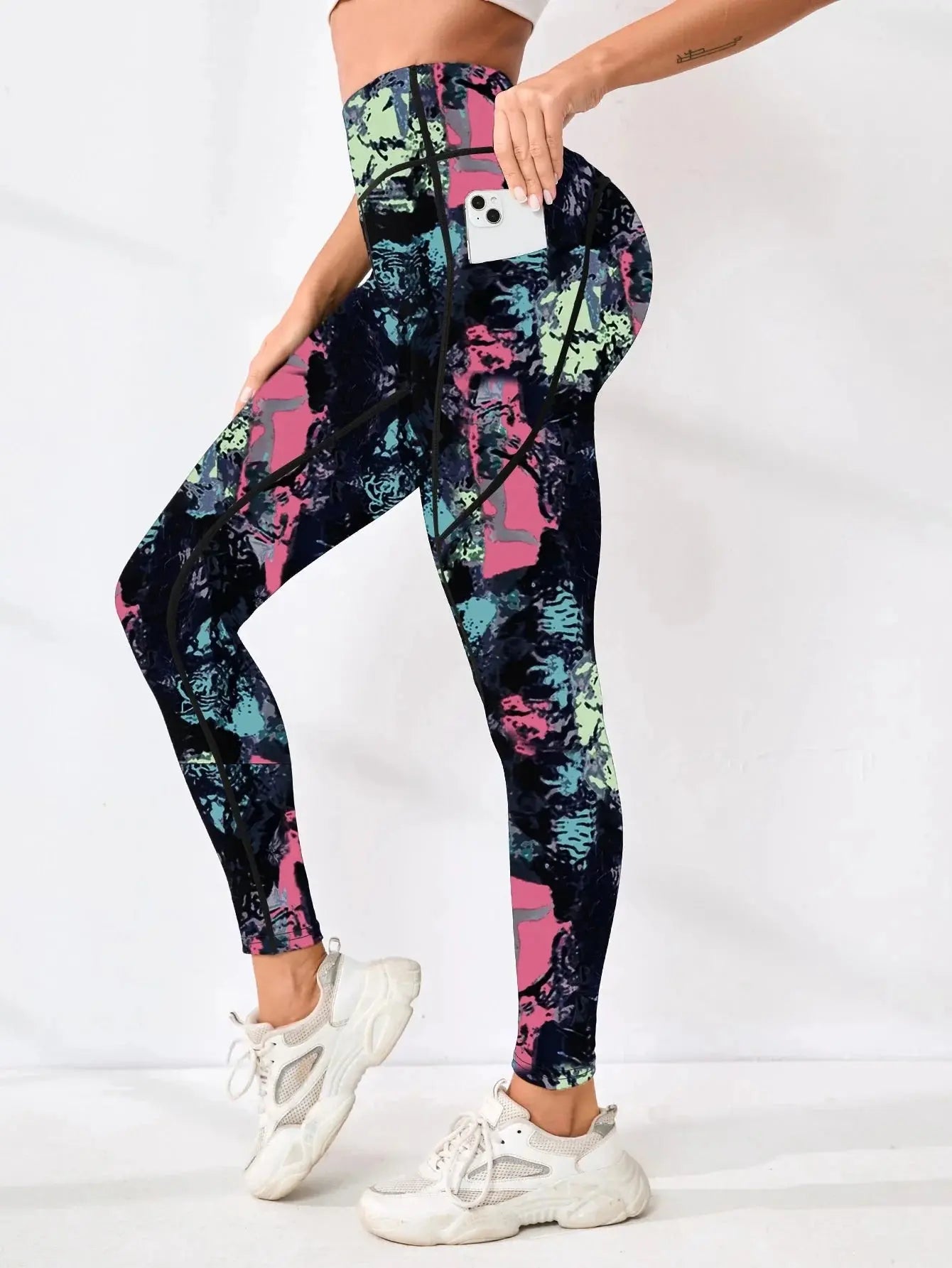 Printed High-Waist Pocket Fitness Pants Women FitiqueFit