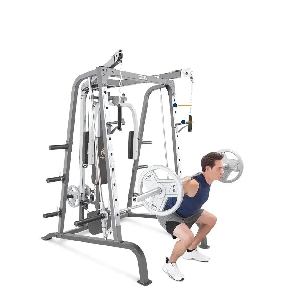 smith cage home gym with integrated leg press machine
