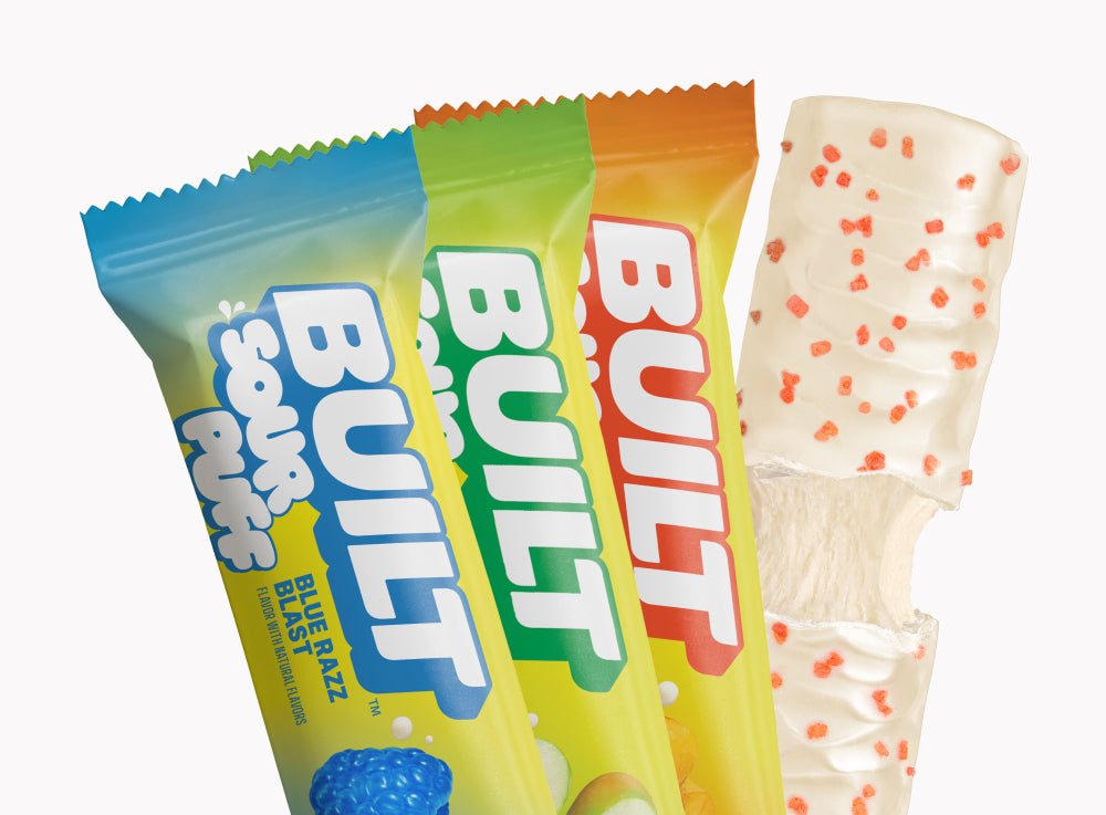 blue razz peach green apple flavored protein puff bars
