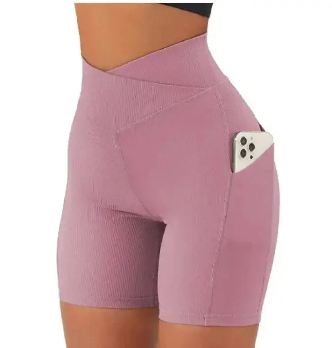 women cross waist yoga shorts with pockets high waist
