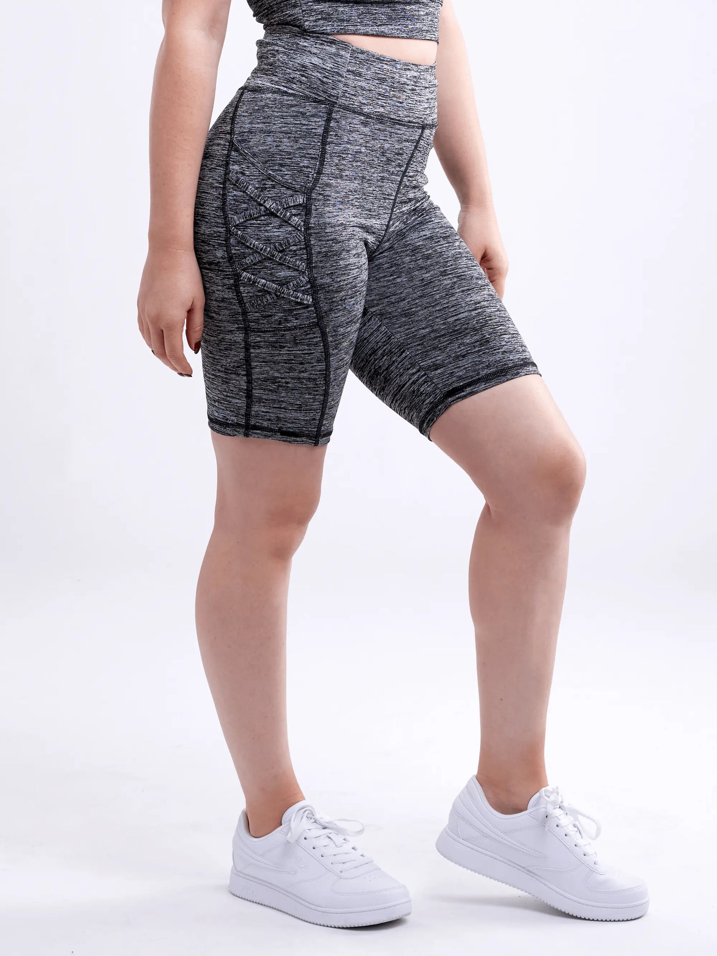 high waisted workout shorts with pockets and criss cross design