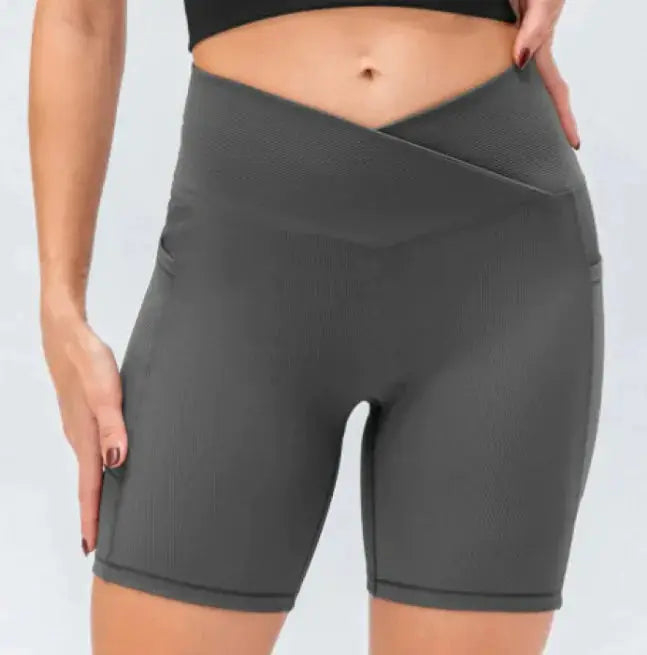 women cross waist yoga shorts with pockets high waist
