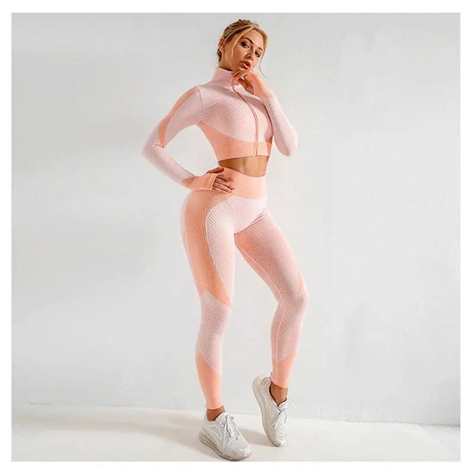 women yoga tracksuit set with zip sports bra and pants
